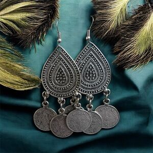Heavy Boho Earrings 25g Faux Middle Eastern Coin Drops 3” Gypsy Festival Style
